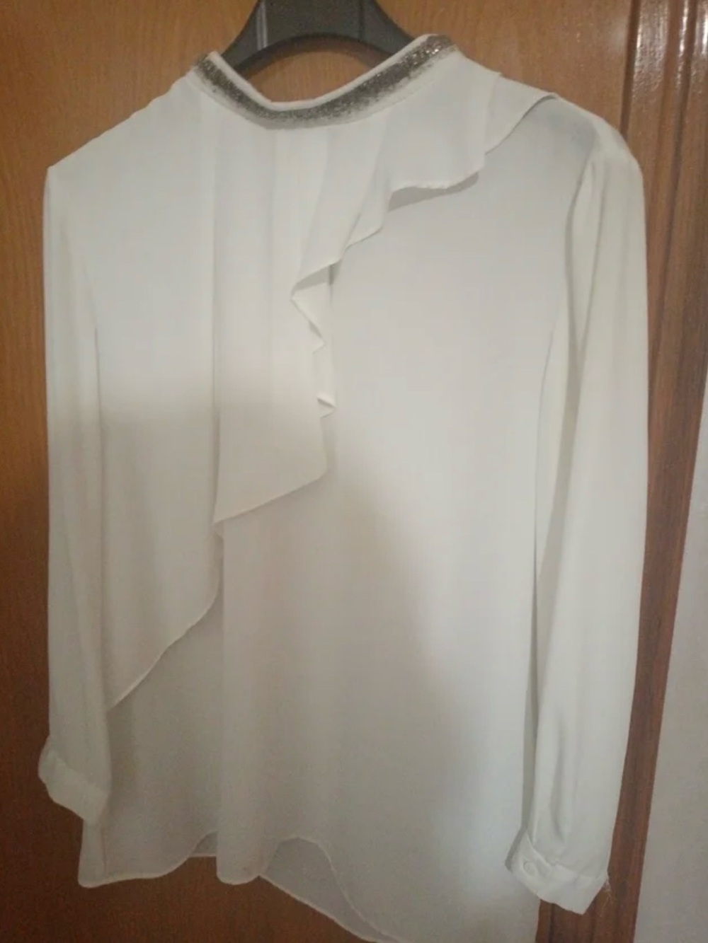 Zara White Ruffle-Front Blouse with Beaded Collar